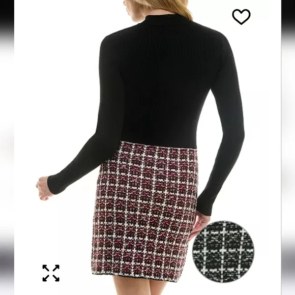 BCX Women Combo Tweed-Skirt Long-Sleeve Sweater Dress Sz L NWT Detail Button - Picture 2 of 12